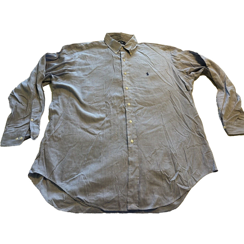 Ralph Lauren Yarmouth Blue/Black Gingham Check Blue Pony Button Up Shirt Size 17